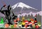 Ninja, sushi and Mount Fuji, vector illustration