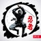 Ninja warrior jumping attack vector illustration. Inscription on illustration is a hieroglyphs of ninja, japanese.