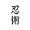Ninjutsu, martial art of ninja, shadow warriors. Calligraphic word, hieroglyphs. Japanese characters, vertical