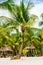 Nipa huts on the white coral sand beach surrounded with palms