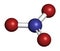 Nitrate anion, chemical structure. 3D rendering. Atoms are represented as spheres with conventional color coding: nitrogen (blue