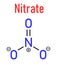 Nitrate anion, chemical structure. Skeletal formula. Flat design