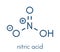 Nitric acid HNO3 strong mineral acid molecule. Used in production of fertilizer and explosives. Skeletal formula.