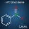 Nitrobenzene molecule. It is used in the manufacture of aniline, dyes, drugs, pesticides, and synthetic rubber. Structural