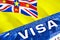 Niue visa document close up. Passport visa on Niue flag. Niue visitor visa in passport,3D rendering. Niue multi entrance in