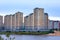 Nizhniy Novgorod, Russia 22 september 2019. View from the Volga river to new houses in the coastline