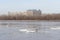 Nizhny Novgorod, Russia. - March 24.2017.View of Marins Park Hotel from the other side of the Oka. The remains of ice floes are fl