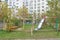 Nizhny Novgorod, Russia. - October 13.2016. Children& x27;s playground is fenced with a fence with a locked gate.