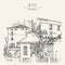 Nizza postcard. Antique houses in Nice, France, Europe. Cozy European town on French Riviera.  Mediterranean chic. Hand drawing. T