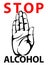No Alcohol. The hand shows a gesture of stop. Vector. Poster