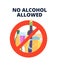 No alcohol sign. Alcoholic beverages, beer in red prohibition symbol. Stop alcoholism bad habits vector concept