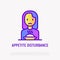 No appetite thin line icon: sad woman sitting in front of plate. Modern vector illustration of neurosis symptom, depression