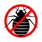 No bed bugs. Anti bedbug. Insect prohibition sign. Pest control sign. Cimicidae icon. Red crossed circle with bloodsucker.