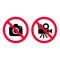 No camera and video red prohibition signs. Taking pictures and recording not allowed. No photographing sign. No video camera
