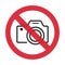 No cameras allowed sign. Flat icon in red crossed out circle. Vector illustration