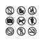 No cell phone, no camera, no ice cream, stop smoking, eating, dogs, drinking alcohol, fast food icon set in black. Forbidden