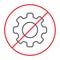 No cogwheel thin line icon, prohibited and ban, no gear sign, vector graphics, a linear pattern on a white background.