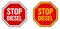 No diesel sign. STOP roadsign shape icon with text in it. White and yellow version