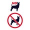 No dogs signs. Pet forbidden icons with dogs silhouette vector set. Red crossed circle with pet restriction. Entry