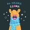 No drama llama cute card with cartoon llama. Llama card with funny face and big lips. Llama inspirational poster