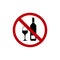 No drinking alcohol or wine with red banned sign and wineglass and bottle flat vector