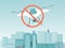 No drone concept banner, modern quadcopter gadget stop fly under urban city landscape flat vector illustration