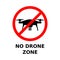 No drone zone sign. Flying drones prohibition symbol with text. No fly zone.