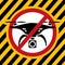 No drone zone Warning sign icon on black and yellow stripe background, Logo Flights with drone prohibited frame, Logo No drones