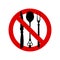 No eating allowed sign. Red prohibition no food sign. Do not eat forbidden round sign. Vector illustration