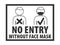 No entry without face mask.  Silhouette person with mask over their face and silhouette person without mask in gray. Prevent COVID