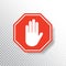 No entry hand sign on transparent background. Red stop sign icon with hand palm. Road sign. Traffic regulatory warning