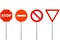 No entry, stop and traffic ban signs. Warning road sign on white background, red triangle. Make way. Vector Illustration