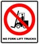 No forklift truck sign. Red prohibited icon isolate on white background. Symbol of Prohibit forklift in this area. No