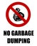 No garbage dumping, with ban sign around a trash bag and text.