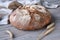 No knead handmade loaf on cutting board on wood with linen towel, spelt ears. German Bauernbrot means Rustic Farmers