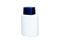 No label white glass bottle with blue plastic cap.