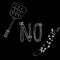 No. Letter with wings on a black background. Prohibition lettering about nasty flies overhead. Fly paper or tape and swatter.