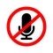 No Microphone icon. Speaker symbol. Live music sign. Red prohibition sign. Stop symbol. Vector