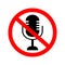 No Microphone icon. Speaker symbol. Live music sign. Red prohibition sign. Stop symbol. Vector