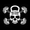no pain no gain. Skull in kettlebell form and crossed barbells. Design element for logo, label, sign, poster.