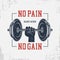 No pain, no gain. Typography for bodybuilding t-shirt with dumbbell and hand.