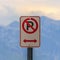 No parking sign against a blurry mountain and sky