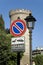 No parking sign in front of Tivoli Castle, or Castle of Rocca Pia, built in 1461 by Pope Pius II, Tivoli, Italy, Europe