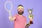 No player can step on court against me and feel confident. Tennis player win championship. Athlete hipster hold tennis