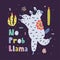 No Prob Llama funny print. Colorful card with cute lama in childish style