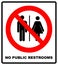 No public restrooms symbol. Do not pooping and peeing people sign. No WC. Warning red banner for outdoors and forests with male, f