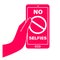 No selfies prohibition sign. No photo allowed poster design. Isolated vector icon with hand holding gadget.