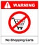 No shopping cart sign, vector illustration. Prohibition symbol in red circle isolated on white. Warning banner for
