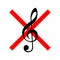 No sound or music icon. Isolated mute and warning illustration. Keep silence with forbidden and prohibited red sign