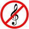 No sound or music icon. Isolated mute and warning illustration. Keep silence with forbidden and prohibited red sign